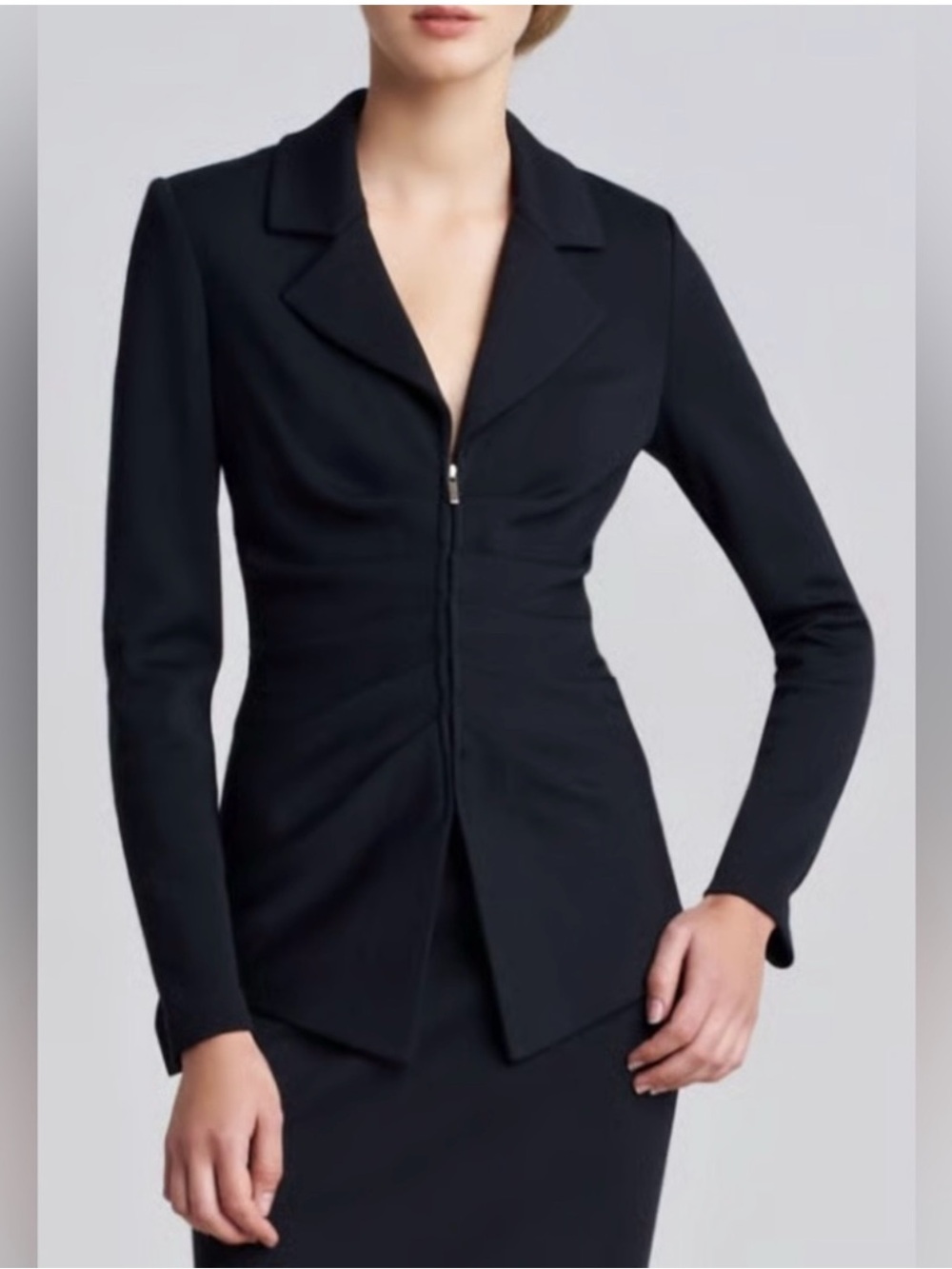 St. John Caviar Black Knit Ruched Zip Front Blazer Jacket Size 8